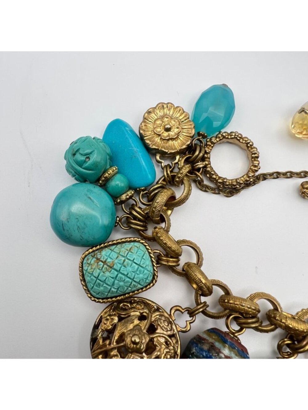 Stephen Dweck Charm Bracelet Vintage Bronze Turquoise Carnelian Gemstone - Picture 6 of 16